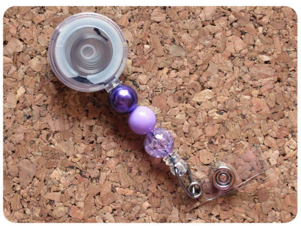 Interchangeable Badge Reel Base, Beaded Retractable ID Holder, Switchable Badge Reel or Lanyard, Purples