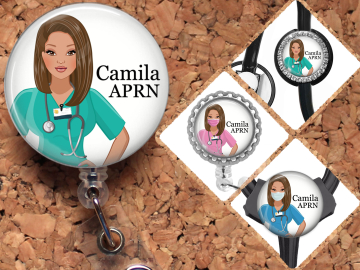 Nurse Badge Reel, Personalized Retractable ID Holder, Brown Hair Tan Skin Customized Lanyard, Carabiner, Stethoscope, Mylar N1074