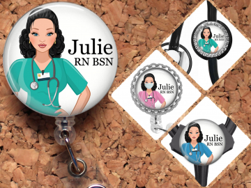 Nurse Badge Reel, Personalized Retractable ID Holder, Blond Hair Caucasian Customized Lanyard, Carabiner, Stethoscope, Mylar N1075