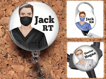 Male Badge Reel, Personalized Retractable ID Holder, Carabiner, Stethoscope, 8 Scrub Colors, 13 Characters, Doctor Nurse RN CNA Mylar N1076