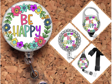 Be Happy Badge Reel Retractable Lanyard Badge Holder Carabiner Id Holder Stethoscope Tag Nurse Badge Reel Gift Mylar 8015