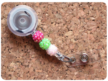 Interchangeable Badge Reel Base, Beaded Retractable ID Holder, Switchable Badge Reel or Lanyard, Sparkles Pink Green White