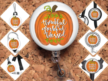 Fall Badge Reel, Carabiner, Zipper Pull, Stethoscope ID Tag, Nurse Id Holder, Teacher Badge, Thankful, Grateful, Blessed 8028