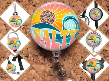 Salty Ocean Badge Reel Id Holder, Summer Retractable Lanyard, Waves Carabiner, Zipper Pull, Key Ring, Pin, Paperclip Bookmark, 8039