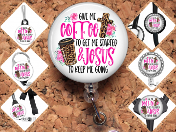 Christian Badge Reel Id Holder, Coffee and Jesus Retractable Lanyard, Carabiner, Zipper Pull, Key Ring, Pin, Paperclip Bookmark, 8035