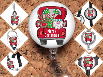 Christmas Badge Reel ID Holder, Holiday Carabiner, Zipper Pull, Stethoscope ID Tag, Nurse Id Holder, Teacher Badge, Red Truck 8031