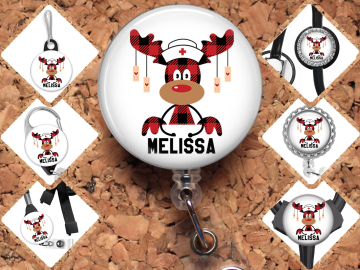 Christmas Badge Reel, Personalized Reindeer Nurse Retractable ID Holder, Lanyard, Stethoscope Tag, Carabiner, Zipper Pull, Pin Mylar 8055