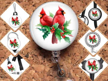 Cardinals Badge Reel, Retractable Lanyard Badge Holder, Carabiner, Christmas Red Birds Id Holder,  Gift for Nurses Mylar 8063