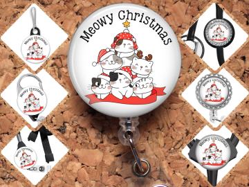 Meowy Christmas Badge Reel, Retractable Lanyard Badge Holder, Carabiner, Christmas Cat Id Holder,  Gift for Nurses Mylar 8062