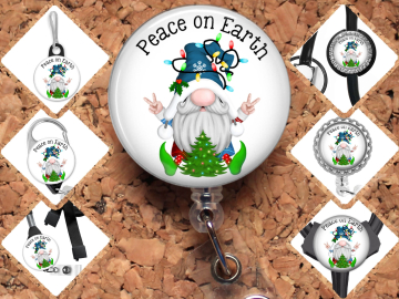 Christmas Gnome Badge Reel, Retractable Lanyard Badge Holder, Carabiner, Peace on Earth Id Holder,  Gift for Nurses Mylar 8059