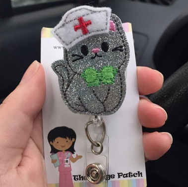Glitter Nurse Kitty Badge Reel