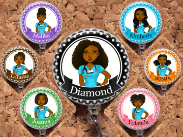 Black Nurse Badge Reel, Personalized Retractable ID Holder, African American Customized Lanyard, Natural Hair Carabiner, Stethoscope, Mylar b