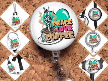 Peace Love Coffee Skeleton Badge Reel Id Holder 8129