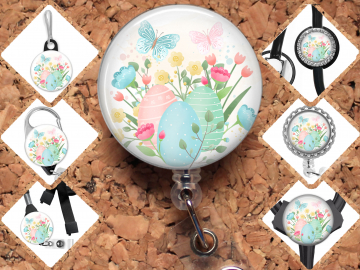 Spring Eggs and Flowers  Badge Reel Id Holder 8136