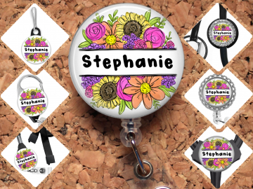 Personalized Name Flower Badge Reel Id Holder 8154