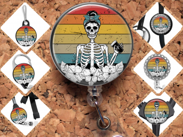 Coffee Skeleton Badge Reel Id Holder, Badge Pin, Magnet, Lanyard, Stethoscope Tag 8174