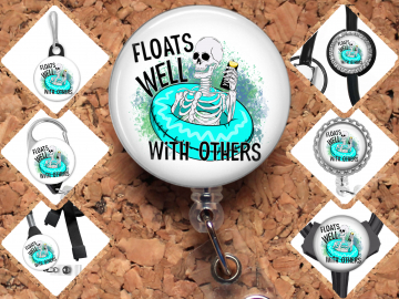 Floats Well With Others Skeleton Badge Reel Id Holder, Badge Pin, Magnet, Lanyard, Stethoscope Tag 8187