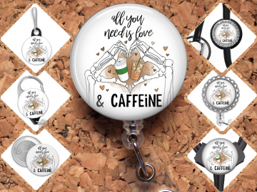 Coffee Skeleton Badge Reel Id Holder, Badge Pin, Magnet, Lanyard, Stethoscope Tag 8193