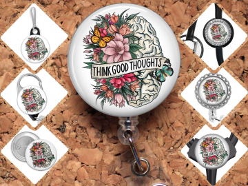 Think Good Thoughts Brain Badge Reel Id Holder, Badge Pin, Magnet, Lanyard, Stethoscope Tag 8218