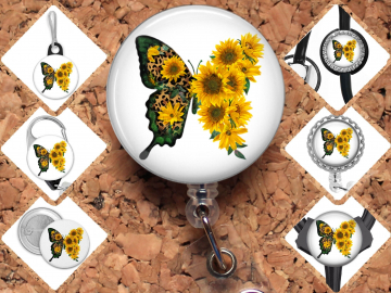Butterfly & Sunflowers Badge Reel Id Holder, Badge Pin, Magnet, Lanyard, Stethoscope Tag 8220