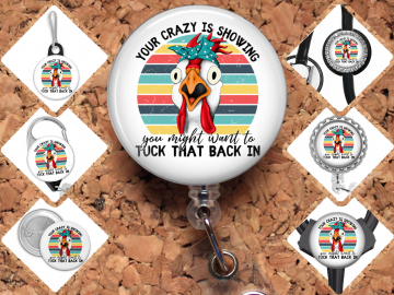Chicken Crazy Showing Badge Reel Id Holder, Badge Pin, Magnet, Lanyard, Stethoscope Tag 8229