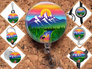 Sunset Mountains Badge Reel Id Holder, Badge Pin, Magnet, Lanyard, Stethoscope Tag 8231