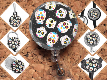 Sugar Skull Badge Reel Id Holder, Badge Pin, Magnet, Lanyard, Stethoscope Tag 8236