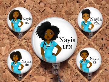 Black Nurse Badge Reel, Personalized Retractable ID Holder, African American Customized Lanyard, Natural Hair Carabiner, Stethoscope, Mylar