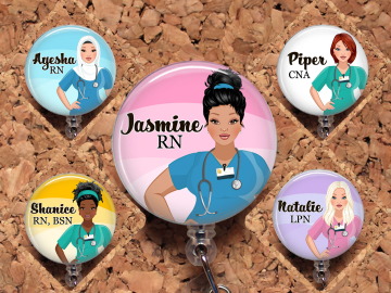 Nurse Badge Reel, Personalized Retractable ID Holder, Custom Lanyard, Hair Choice Carabiner, Stethoscope, RN CNA Mylar N1065