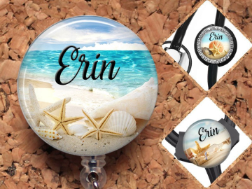 Summer Badge Reel ID Holder, Seashore Lanyard, Shells Stethoscope Tag, Beach Personalized Carabiner, Starfish Yoke Tag - Fits Littman, Mylar