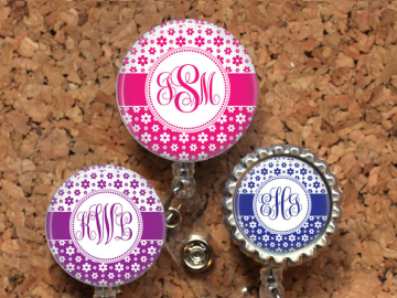 Flower Badge Reel, Personalized Retractable ID Holder, Lanyard, Choice of Colors, Carabiner, Stethoscope Tag, Mylar, Monogram Script