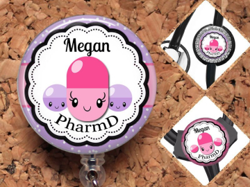 Pharmacist Badge Reel,Pills Personalized Retractable ID Holder, Lanyard, Badge Pull, Card Holder, Carabiner, Stethoscope Tag, Mylar