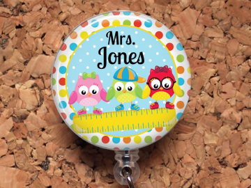 Teacher Badge Reel, Owls on a Ruler, Personalized Retractable ID Holder, Lanyard, ID Card Holder, Carabiner, Teacher Gift Mylar