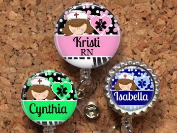 Nurse Badge Reel, Personalized Retractable ID Holder, Lanyard, Badge Pull, Choice of Colors, Carabiner, Stethoscope Tag, Mylar, Brown