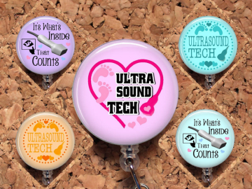 Ultrasound Tech Badge Reel ID Holder, Lanyard, Carabiner, Stethoscope Tag, Yoke Tag - Fits all stethoscopes including Littman Sonogram Mylar