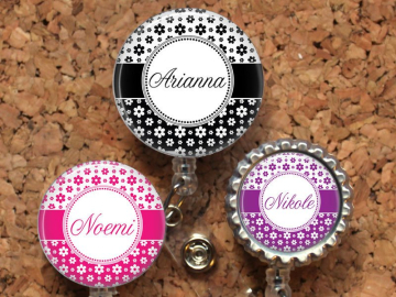 Flower Badge Reel, Personalized Retractable ID Holder, Lanyard, Badge Pull, Choice of Colors, Carabiner, Stethoscope Tag, Mylar, Name
