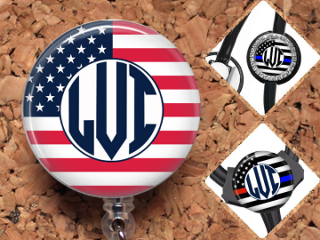 Monogram Flag Badge Reel, Police Personalized Retractable ID Holder, Fire Lanyard, Badge Pull, Card Holder, Carabiner, Stethoscope Tag,Mylar