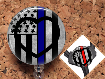 Police Badge Reel ID Holder, Fire Retractable ID Holder, Support Lanyard, Carabiner, Stethoscope Tag, Fits Littmann, Thin Blue Line Mylar