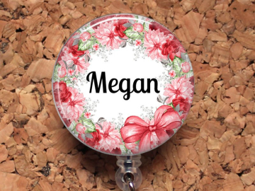 Red Flower Badge Reel ID Holder, StethTag, Personalized Carabiner, Lanyard, Stethoscope Tag - Fits Littman, Badge Holder, Mylar