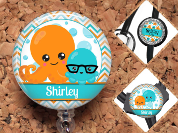 Octopus Badge Reel, Summer Personalized Retractable ID Holder, Lanyard, Badge Pull, Card Holder, Carabiner, Stethoscope Tag, Mylar