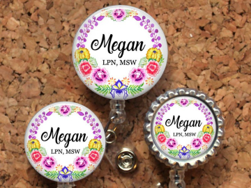 Flowers Badge Reel, Personalized Retractable ID Holder, Lanyard, Badge Pull, Card Holder, Carabiner, Stethoscope Tag, Mylar