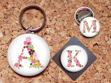 Alphabet Flower Magnet, Floral Initial Key Chain, Flowers Pin, Refrigerator Magnet, Key Ring, Brooch Pin, Fridge Magnet, Key Holder