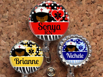 Nurse Badge Reel, Personalized Retractable ID Holder, Lanyard, Badge Pull, Choice of Colors, Carabiner, Stethoscope Tag, Mylar, Black