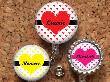 Heart Badge Reel, Personalized Retractable ID Holder, Lanyard, Badge Pull, Card Holder, Choice of Colors, Carabiner, Stethoscope Tag, Mylar