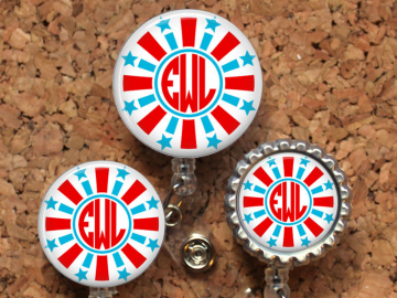 Firework Badge Reel, Patriotic, Personalized Retractable ID Holder, Lanyard, Badge Pull, Carabiner, Stethoscope Tag, Monogram, Mylar