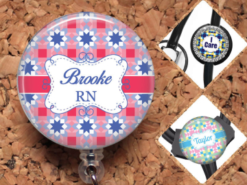 Badge Reel, Quilt, Personalized Lanyard, Retractable Name Holder, Nurse Gift, Carabiner, Stethoscope Tag, Yoke Tag, Teacher,  Mylar