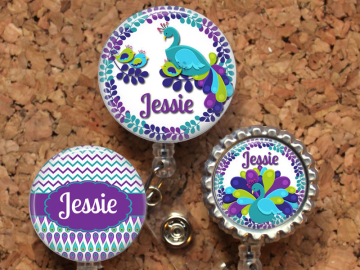 Peacock Badge Reel, Personalized Retractable ID Holder, Lanyard, Badge Pull, Card Holder, Carabiner, Stethoscope Tag, The Badge Patch, Mylar