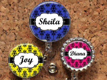 Damask Badge Reel, Personalized Retractable ID Holder, Lanyard, Badge Pull, Choice of Colors, Carabiner, Stethoscope Tag, Mylar