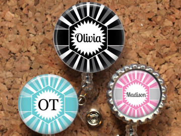 Starburst Badge Reel, Personalized Retractable ID Holder, Lanyard, Badge Pull, Choice of Colors, Carabiner, Stethoscope Tag, Mylar