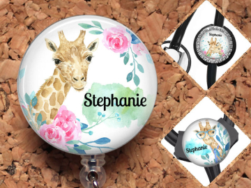 Giraffe Badge Reel, Personalized Retractable ID Holder, Lanyard, Badge Holder, ID Card Holder, Carabiner, Stethoscope Tag, Mylar